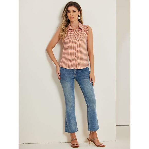 Bow Tie Neck Blouse Vintage Ruffle Sleeveless Gingham Plaid Shirt Orange - Picture 3 of 6